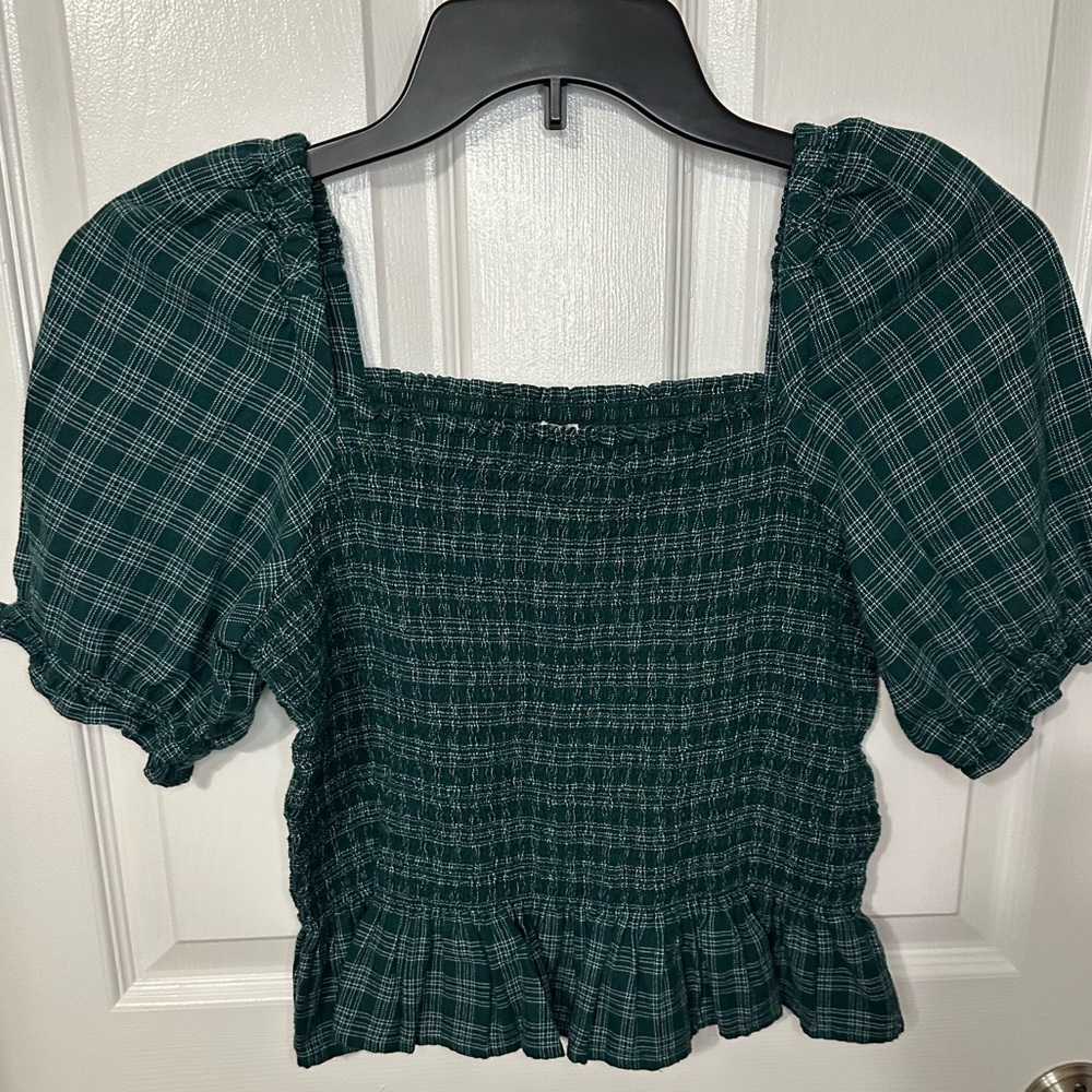 J. Crew Green Plaid Flannel Peasant Cropped Balloon Sleeve Peplum Top